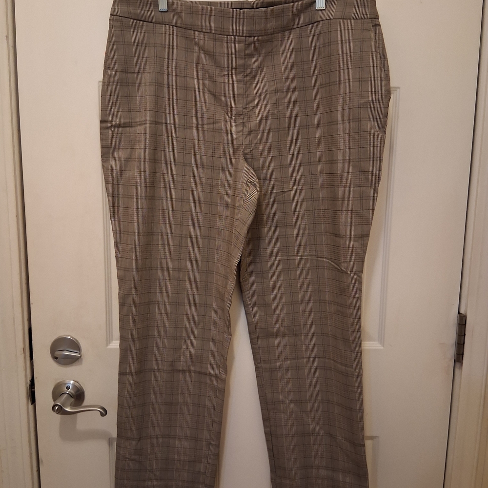Hilary Radley Taupe Plaid Straight-Leg Dress Trousers